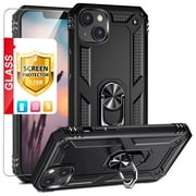 TJS for iPhone 15 Phone Case, with Tempered Glass Screen Protector, Impact Resistant Metal Ring Magnetic Support Kickstand Drop Protector Cover for Apple iPhone 15 (Black)